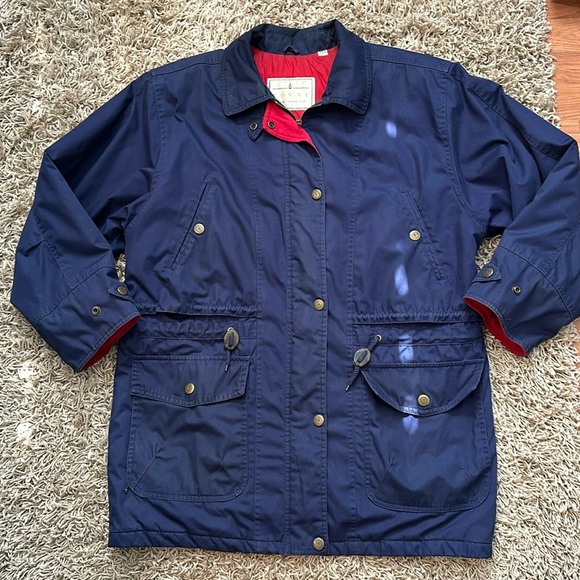 Vintage Towne London Fog Navy Elastic Waist Red Plaid Lining Winter Coat Large - Picture 2 of 14